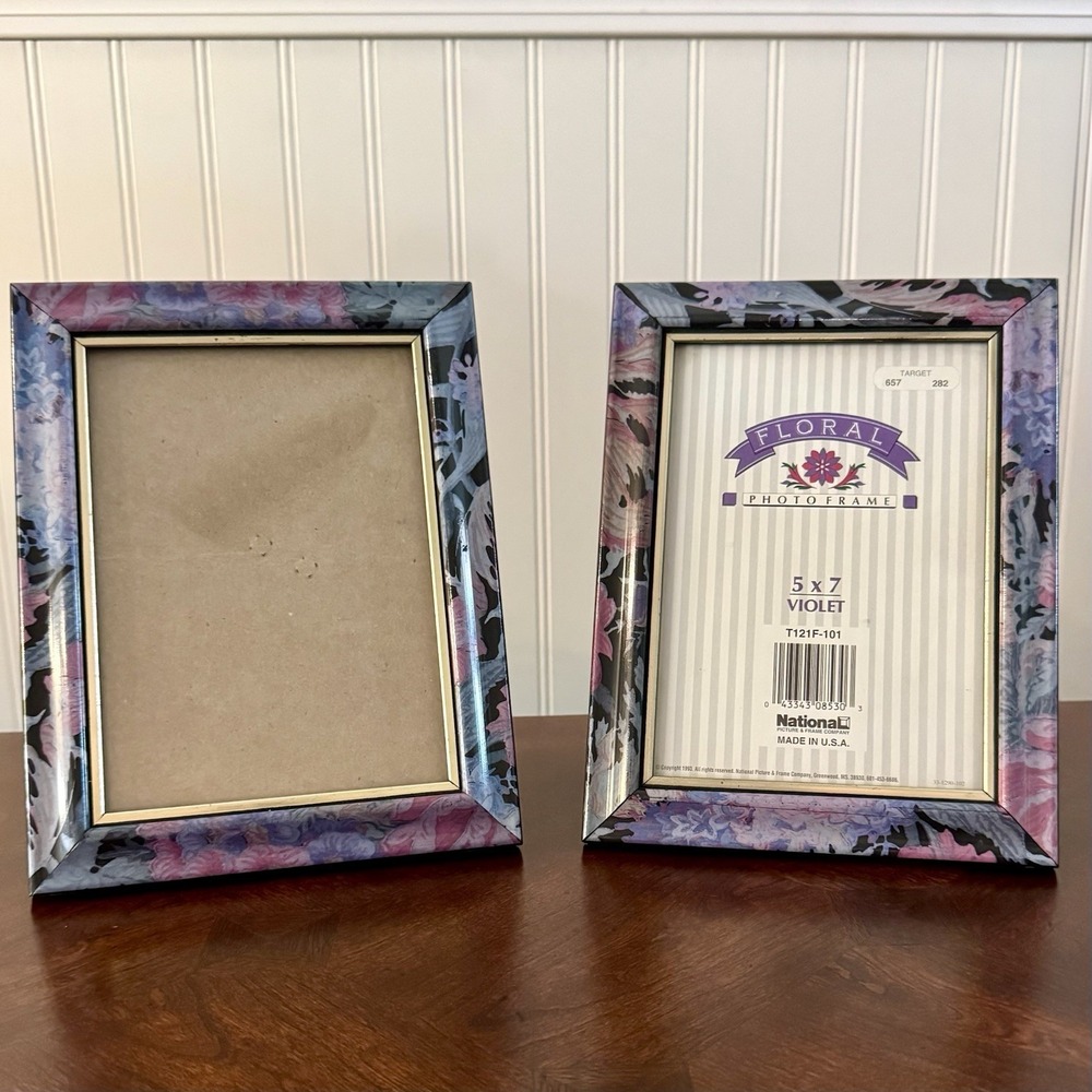 80's/90's Violet Floral Picture Frames 5x7 Lot of 2 Made In USA Purple Pink Blac